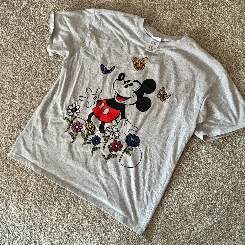 Disney - Women’s (M) Grey Gray Mickey Mouse Shirt, Embroidered Butterfly Flowers